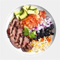 Southwest Bowl · Certified Angus Beef Steak, Tomatoes, Red Peppers, Low-Fat Cheddar Cheese, Black Bean Salsa,...