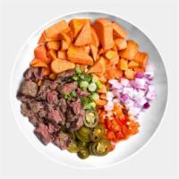 Boss Bowl · 2 Organic Grass-Fed Bison Patties, Grilled Sweet Potatoes, Red Onions, Green Onions, Red Pep...