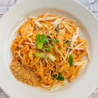 Pad Thai · Stir fried thin rice noodle with egg, beansprout, scallion and peanuts in homemade Pad Thai ...