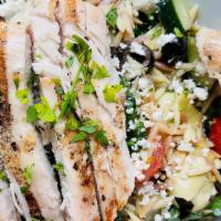 Orzo Salad · with spinach, black olives, red onions, feta, cilantro
