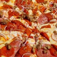 Destroyer · Italian sausage, pepperoni, salami, Mamma Lil's peppers, olives, red onion and rosemary, moz...
