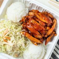 Spicy Chicken Teriyaki · Served with rice and salad.