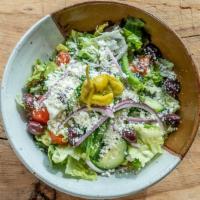 Greek Salad · Fresh cut mixed greens, tomatoes, green peppers, cucumbers, red onions, Feta cheese and kala...