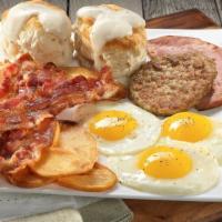 Combo Breakfast · June’s Favorites. With Bacon, Ham, Sausage, (3) Eggs, Hash Browns, and (2) Biscuits and Gravy.