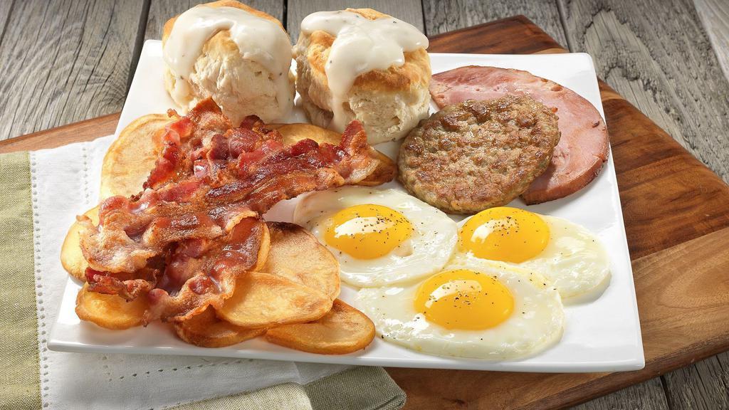 Combo Breakfast · June’s Favorites. With Bacon, Ham, Sausage, (3) Eggs, Hash Browns, and (2) Biscuits and Gravy.