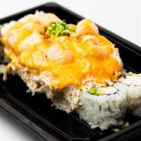 Scallop Dynamite Roll · California Roll, topped with a mixture of baked scallop, . crab mix, spicy alioli, eel sauce...