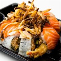 Cardinals Roll · Shrimp tempura, spicy crab, and cucumber, topped with salmon, . albacore, crispy onion, spic...