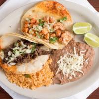 Combo Tacos · Rice, beans and choice of shrimp or fish.