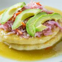 2 Avocado Pupusas · Covered with green sauce.