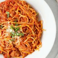 Babbo'S Bowl O' Bolognese · Marinara sauce, ground beef, thyme, bay leaves, garlic and Romano cheese. Served on spaghett...