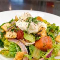 Petite Salad: Babbo Simple Salad · Romaine lettuce, red onions, pomodoro tomatoes, fresh mozzarella, basil, croutons, balsamic ...