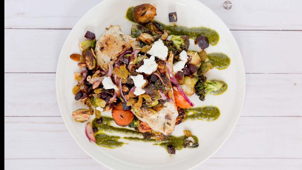 Sautéed Brussels Sprouts & Beets · Roasted brussels sprouts, beets, red onion, toasted almonds, golden raisins, topped with goat cheese.