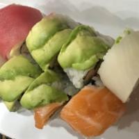 Rainbow Roll · Crabmeat, cucumber, top & tuna, salmon, tai fish, avocado.