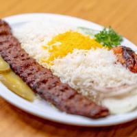 Koobideh Kabab · Grilled ground beef kabab served with grilled tomato and basmati rice.