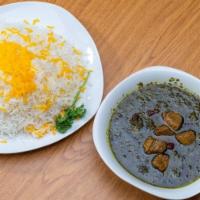 Ghormeh Sabzi Stew · Made with fresh green herbs, sun-dried limes, and diced beef slow cooked served with basmati...