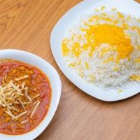Gheymeh Stew · Made with yellow split peas, diced beef, tomato paste, and sun-dried lime topped with fried ...