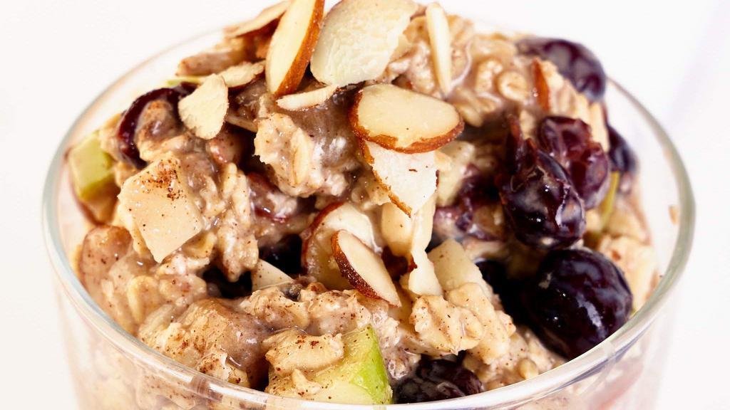 Housemade Overnight Oats 8Oz · Gluten-free oats soaked overnight in non-GMO soy milk with dried cranberries, granny smith apples, cinnamon, and agave nectar. Served cold.