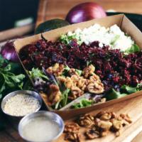 The Beet Box (Vegetarian) · Roasted beets, crumbled goat cheese, candied pecans, lemon vin, served on mixed greens.