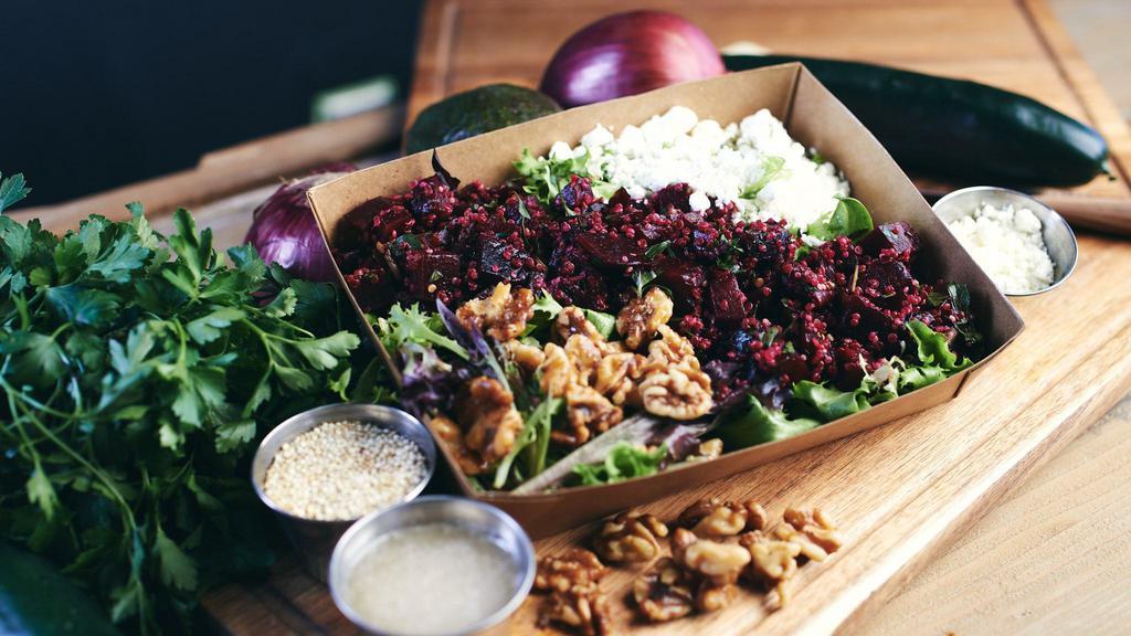 The Beet Box (Vegetarian) · Roasted beets, crumbled goat cheese, candied pecans, lemon vin, served on mixed greens.