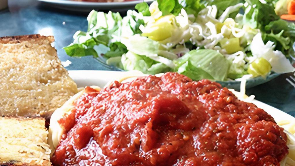 Spaghetti And Meatballs  Meal Deal · 1 and a half pounds of our spaghetti marinara with 5 meatballs. 1 large ceaser salad  5 pieces of garlic toast and a flourless chocolate cake.
