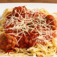 Lunch Spaghetti And Meatballs Special · a half pound of our spaghetti marinara with 2 meatballs choice of drink and a  flourless cho...