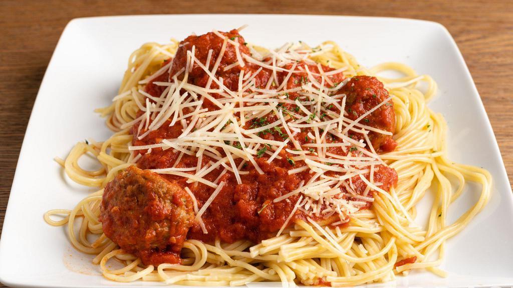 Lunch Spaghetti And Meatballs Special · a half pound of our spaghetti marinara with 2 meatballs choice of drink and a  flourless chocolate cake