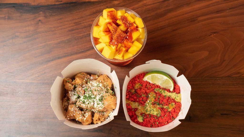 The Express Combo · The Express Combo includes a Mangonada,  Popcorn Chicken (Salt & Pepper, Garlic Buttler Salt, and Honey BBQ), and  Elotes Cup (Classic or Hot Cheeto)