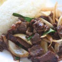 Mongolian Beef · Served with steamed rice.