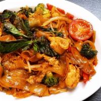 Pad Kee Mao · Stir-fried large noodles, with broccoli, bell peppers, tomatoes, eggs, onions, sweet basil, ...