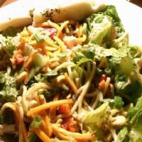 Thai Chicken Pasta Salad · romaine, grilled chicken, red bell peppers, carrots, green onions, yakisoba noodles, cashews...