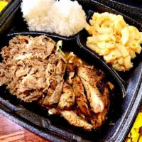 Combo Pork & Chicken Plate · Hawaiian Kalua pulled pork and BBQ teriyaki chicken combination plate, served with two scoop...
