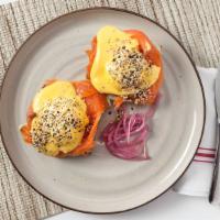 Smoked Trout Bene · dill cream, poached eggs, hollandaise, everything seeds, pickled red onions