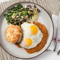 Biscuit & Chorizo Gravy · housemade biscuit, roasted veggies, sunny up eggs, black pepper