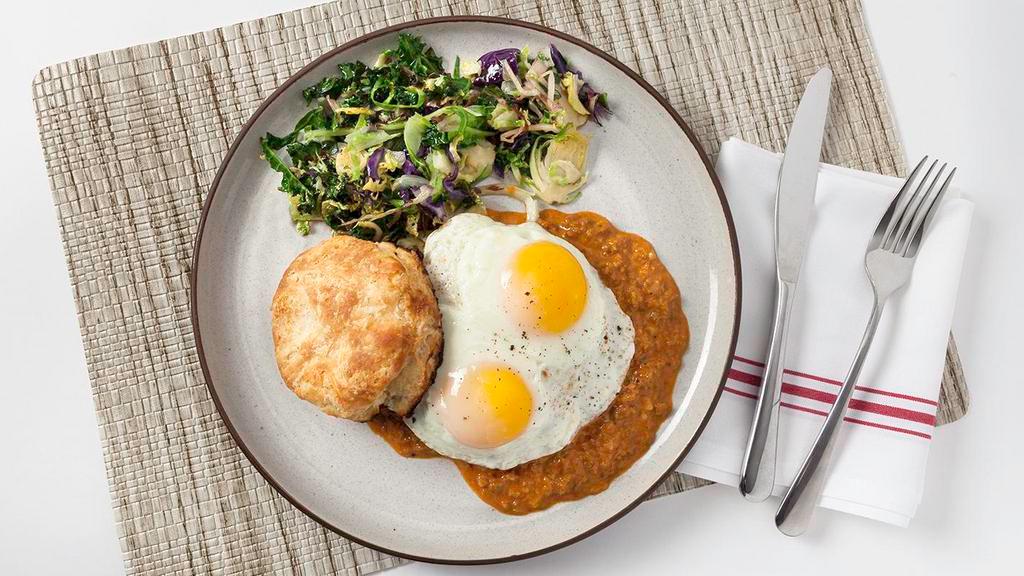 Biscuit & Chorizo Gravy · housemade biscuit, roasted veggies, sunny up eggs, black pepper