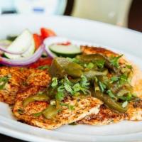 Pollo A La Parilla · Adobo marinated grilled chicken breast topped with rajas. . Served with Mexican-style rice a...