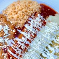 Enchilada Trio · Pulled chicken and Oaxaca cheese with tomatillo sauce; Oaxaca, cotija and goat cheese, spina...