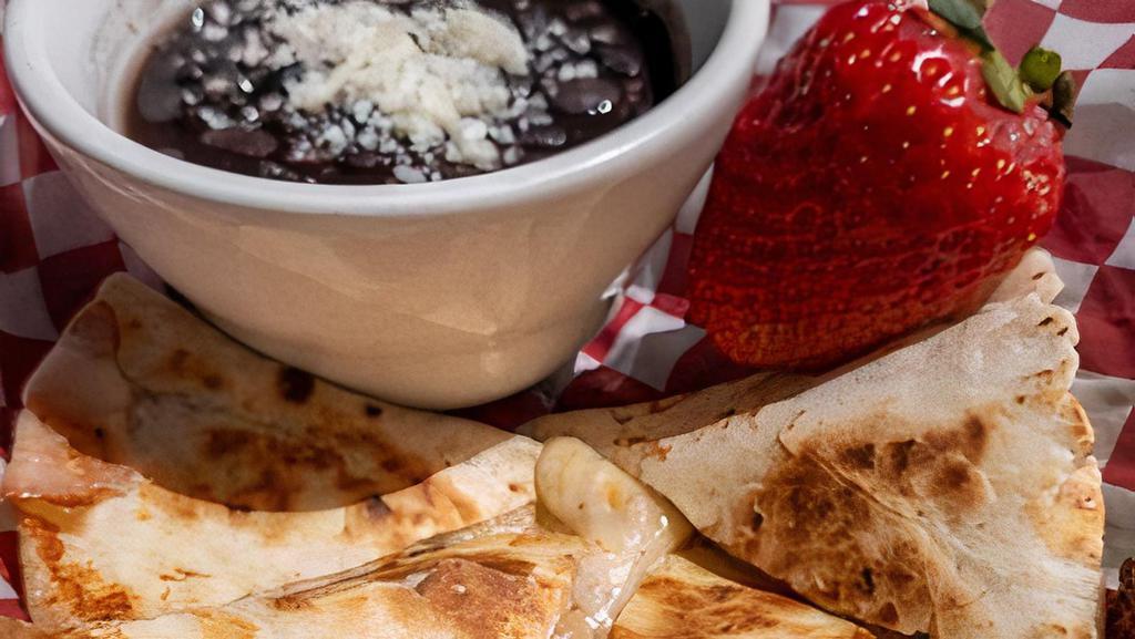 Chicken & Cheese Quesadilla Kids · Chicken and Oaxaca cheese quesadilla.. Side choice of either Barrio fries, black beans, mixed fruit, rice or veggies.