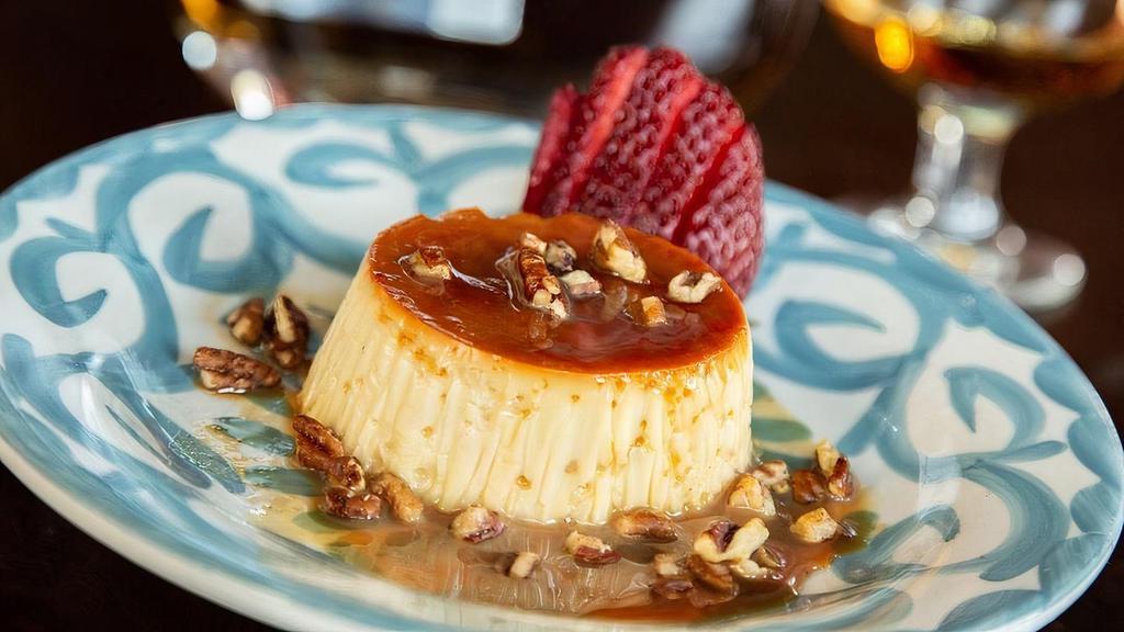Flan · Custard with caramelized syrup, pecans and a homemade Kahlua sauce.. (Does not contain alcohol)