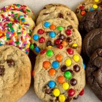 Dozen Assorted Cookies (3 Choc Chip, 3 M&M, 3 Double Choc, 3 Sugar) · What you get! 3 chocolate chip cookies, 3 double chocolate cookies, 3 M&M chocolate chip coo...