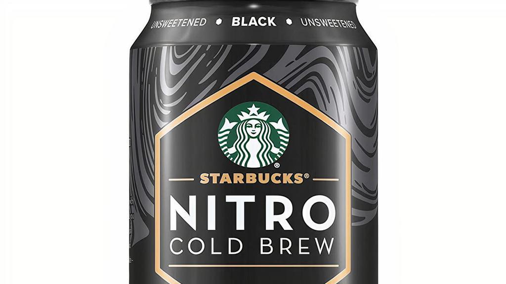 Black - Starbucks Nitro Cold Brew · Can of Starbucks Nitro Cold Brew, Black Unsweetened flavor.  This cold brew is infused with nitrogen the moment you open it, creating a rush of creamy texture and velvety smooth taste. Gently tilt the can once, pop open, and pour into a cold glass for maximum enjoyment. Enjoy cold.
Smooth. Velvety. Delicious. Nitro Cold Brew.