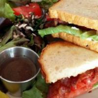 Blt · Bacon, lettuce, tomato and mayo on toasted sourdough. Substitute vegan mayo and marinated te...