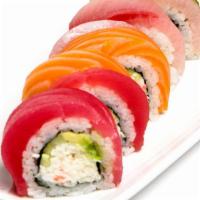 Rainbow Roll · Tuna, salmon, yellowtail, shrimp, and avocado on California roll.