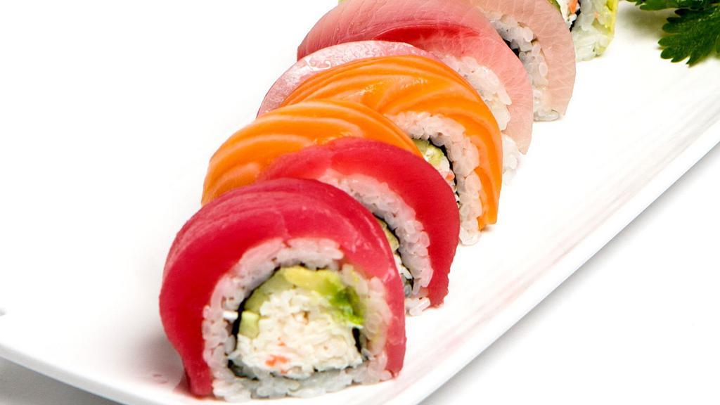Rainbow Roll · Tuna, salmon, yellowtail, shrimp, and avocado on California roll.
