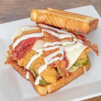 Fun Time Sally Sandwich · Crispy flash fried chicken breast, American cheese, bacon, lettuce, ranch and pickles on a t...