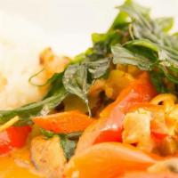 Red Curry · Thai red curry with coconut milk, eggplant, bell pepper, mushroom, bamboo, and basil leave.
