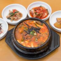 Soft Tofu Soup · Spicy soft tofu soup (choice of seafood, beef, pork, kimchi, vegetable, fish roe egg or comb...