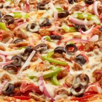 The Works · Pepperoni, ham, Italian sausage, ground beef, mushrooms, red onions, green peppers, black ol...