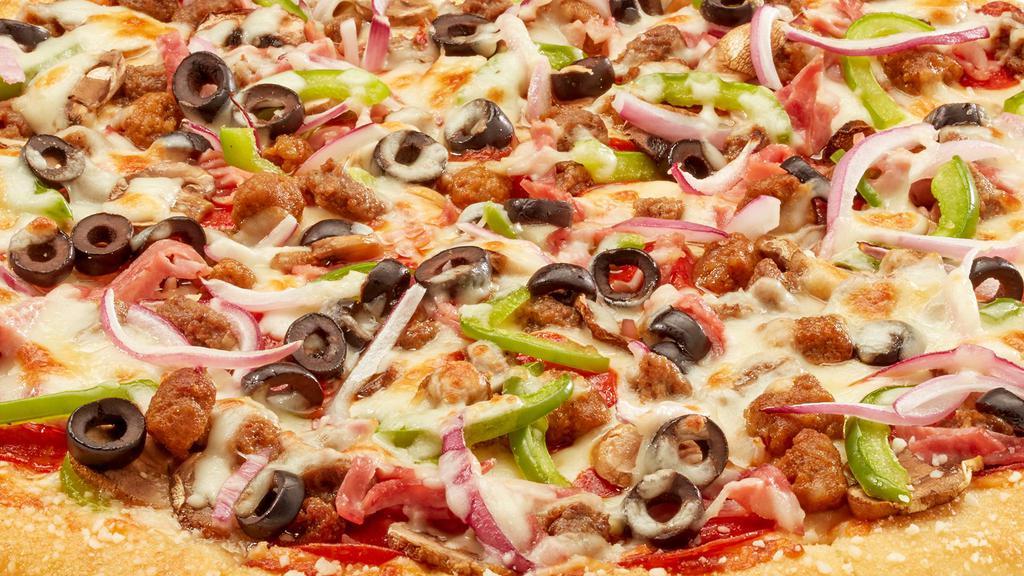 The Works · Pepperoni, ham, Italian sausage, ground beef, mushrooms, red onions, green peppers, black olives, mozzarella. 400 Calories.