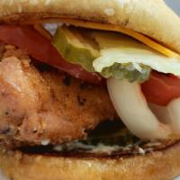 Fried Chicken Sandwich · Fried chicken breast sandwich with cheese, lettuce, tomato, mayo, and pickles