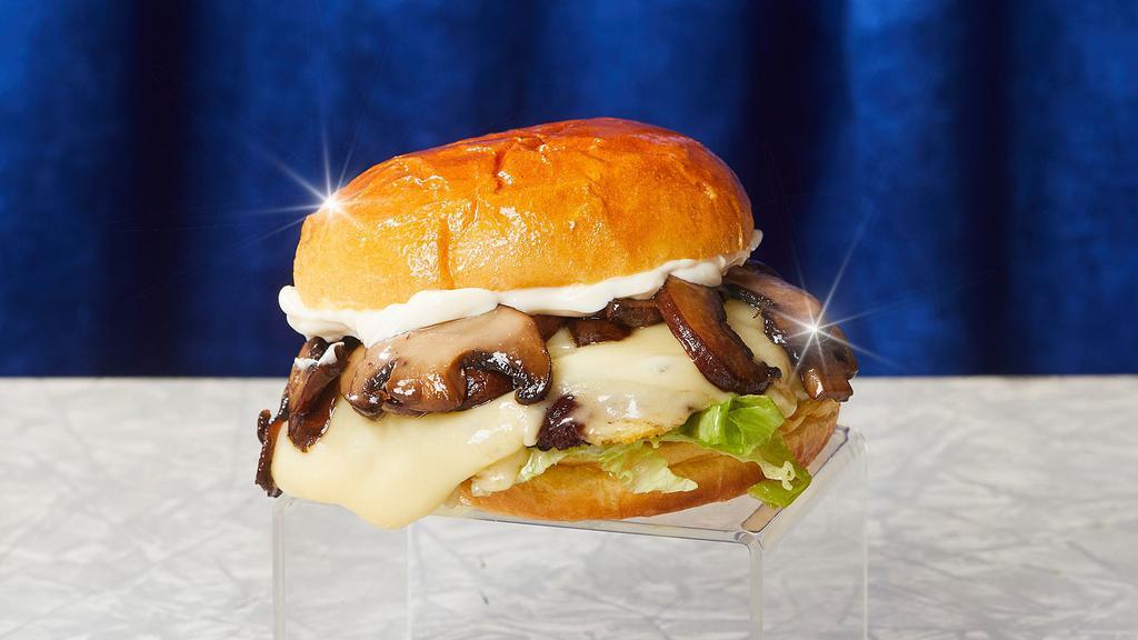 Smash Shroom Burger · Smash burger with mushrooms, swiss cheese, and mayo.